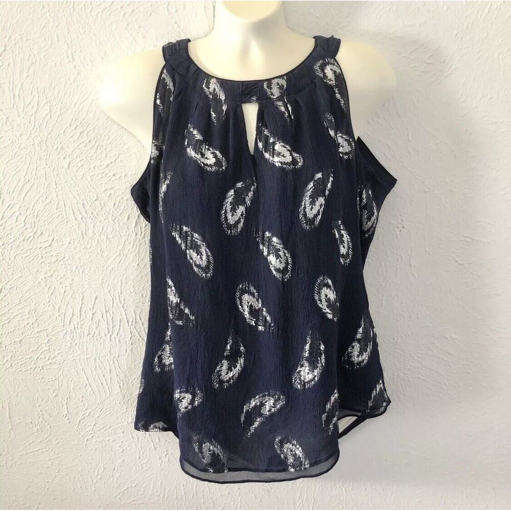 White House Black Market Navy Blue Silver Metallic Feather Silk Keyhole Shirt S